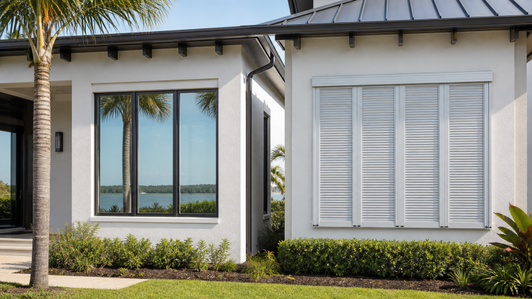Impact windows and hurricane shutters on a Florida coastal home