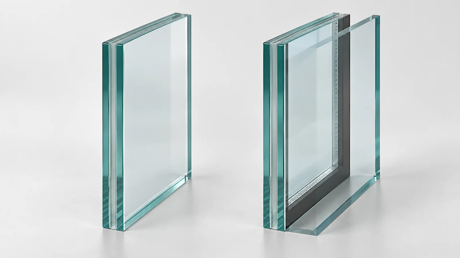 Conceptual laminated glass sample beside an insulating glazing sample