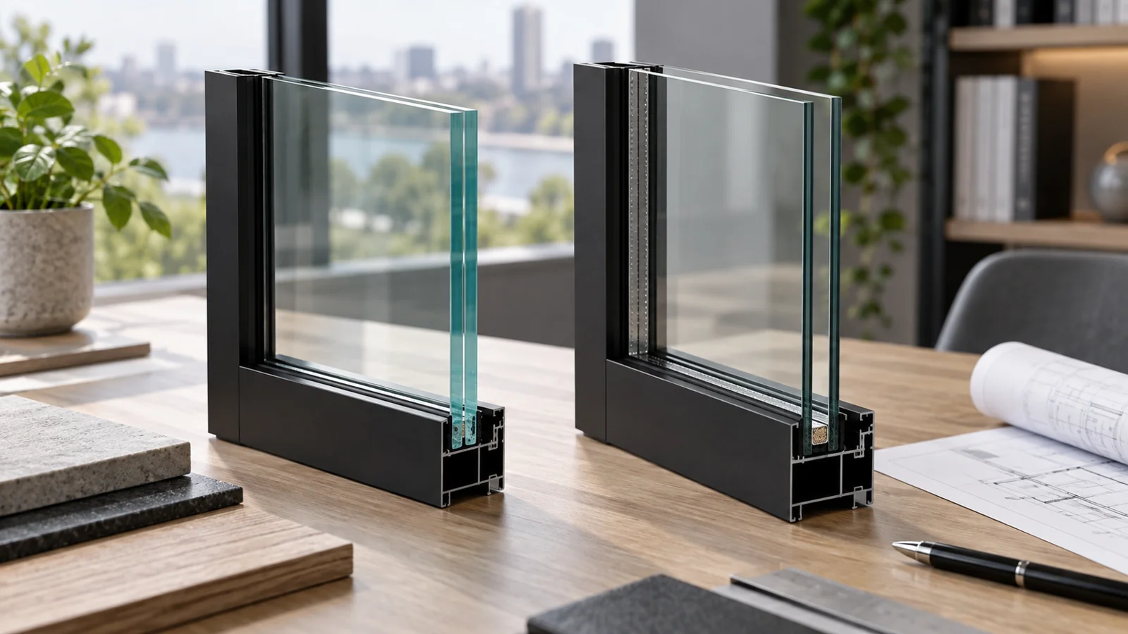 Glazing samples supported in aluminum frame sections on an architect table