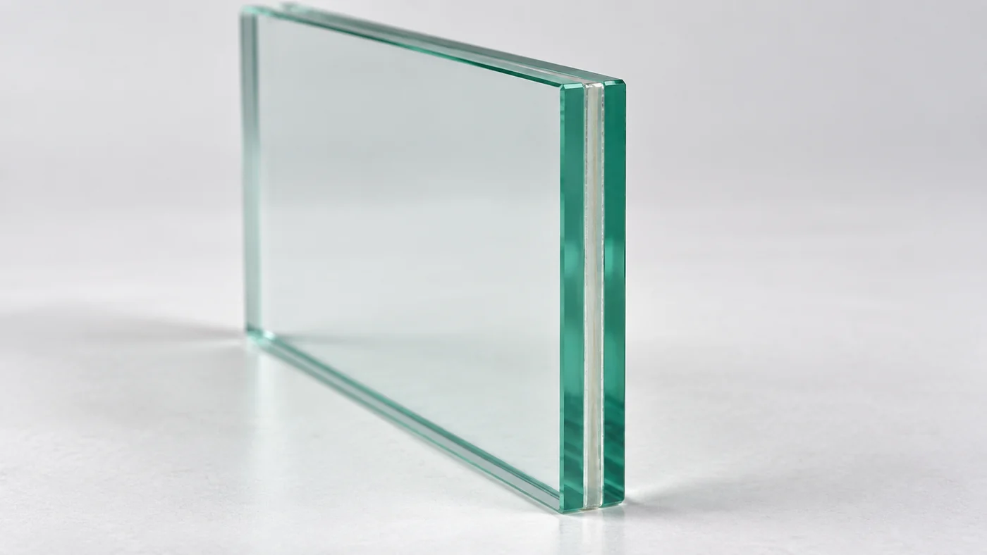 Laminated glass sample showing two glass layers and an interlayer at the edge