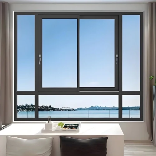 Dark aluminum-framed windows overlooking water from a residential interior