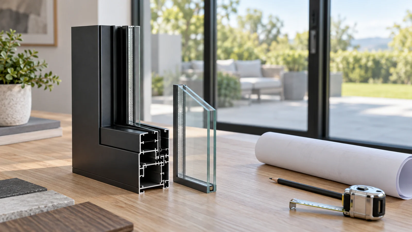 Black aluminum profile and glass samples beside a rolled plan and tape measure