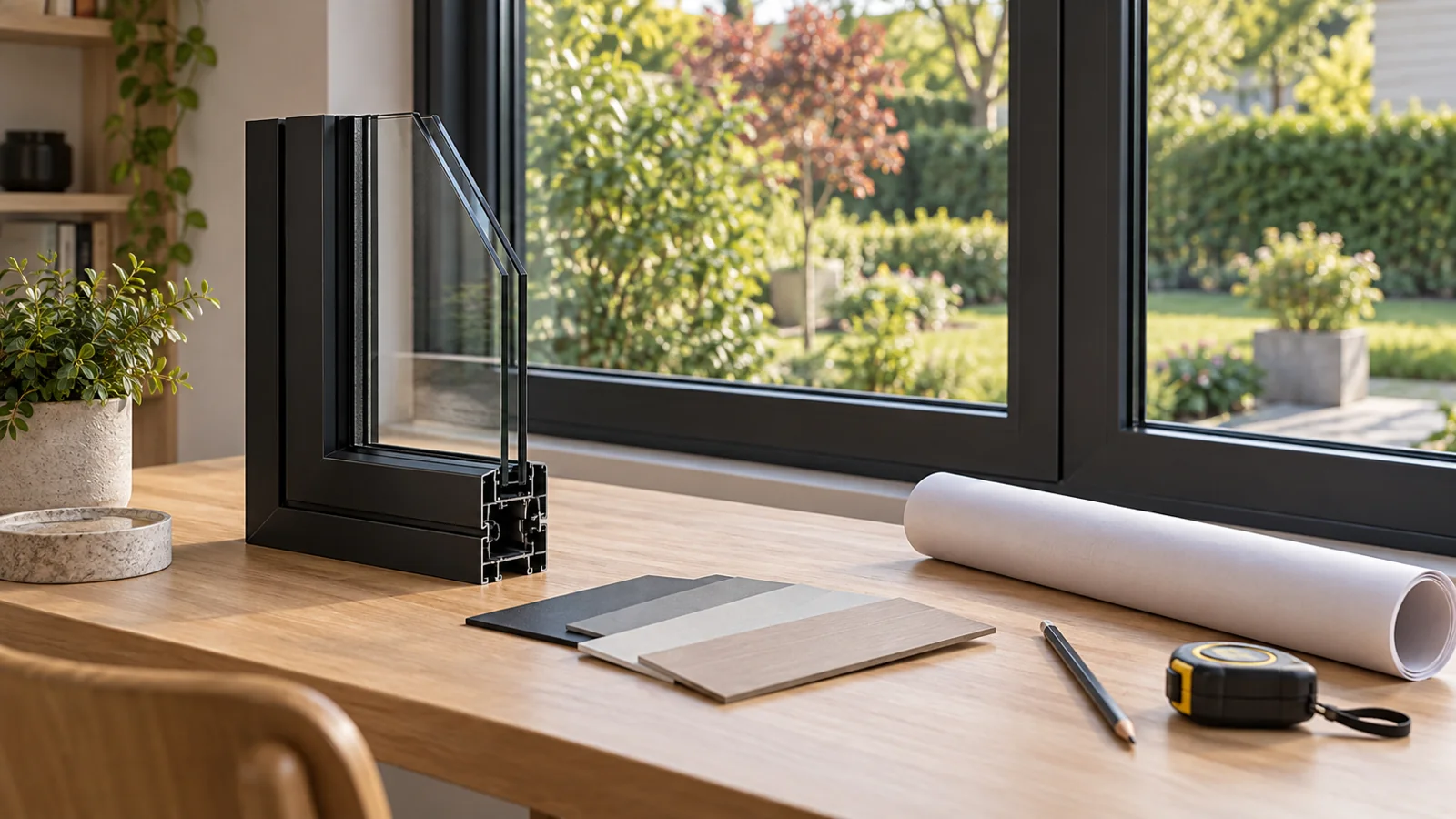 Aluminum window sample, finish swatches and a drawing roll on a desk
