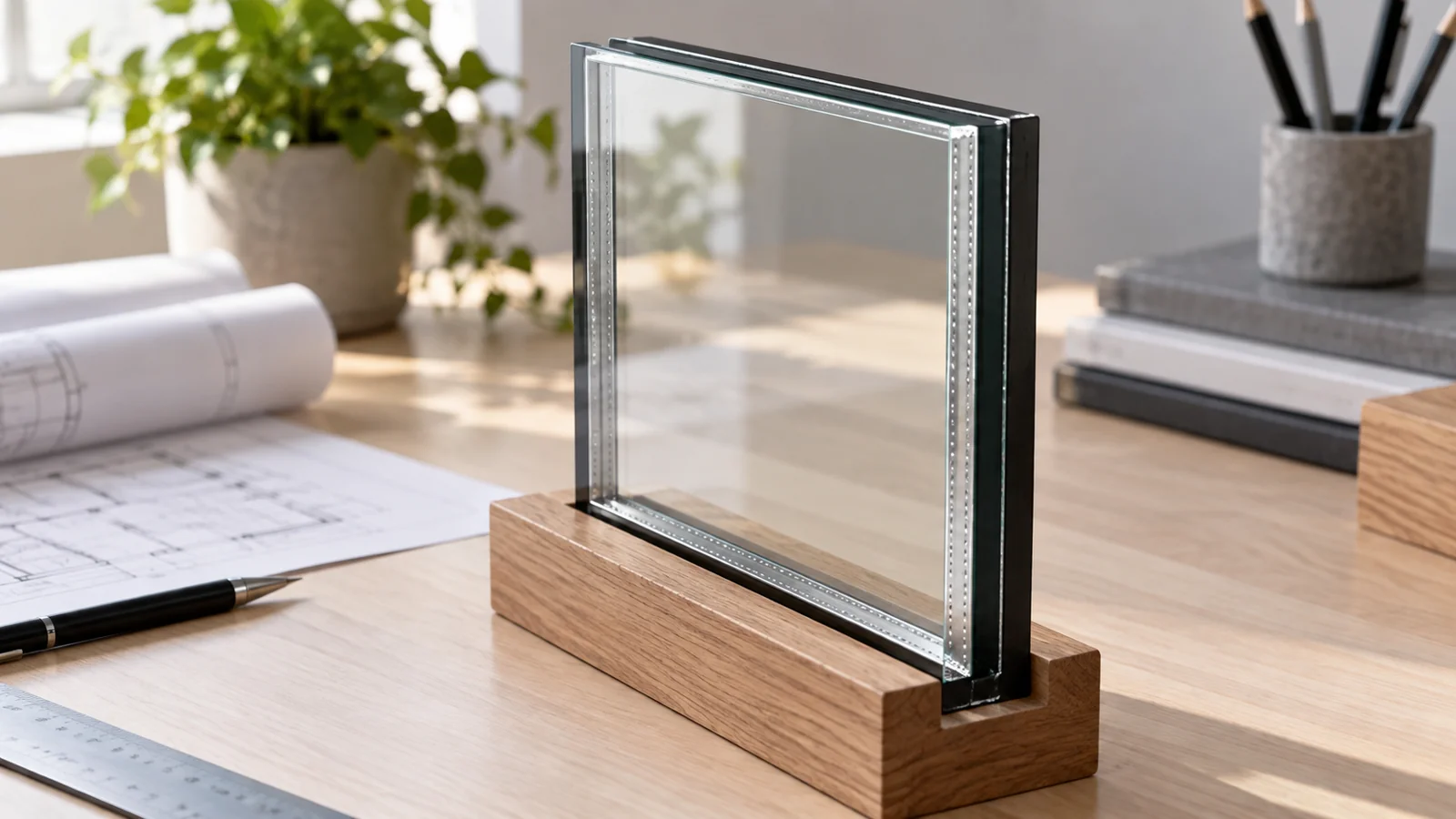 Double-glazed sample with a perimeter spacer standing in a wooden display cradle