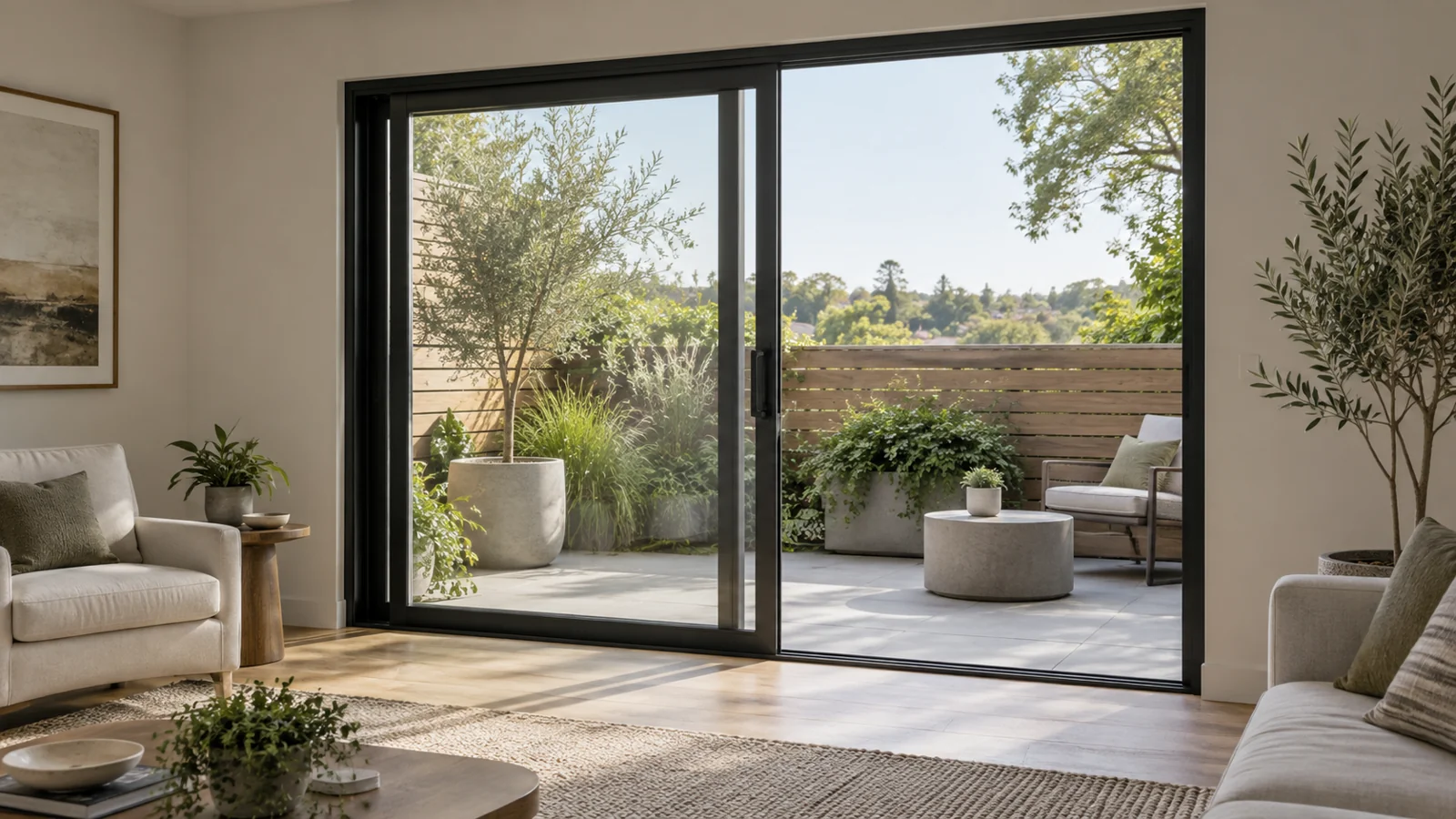 Black aluminum sliding patio door opening from a furnished living room to a small terrace