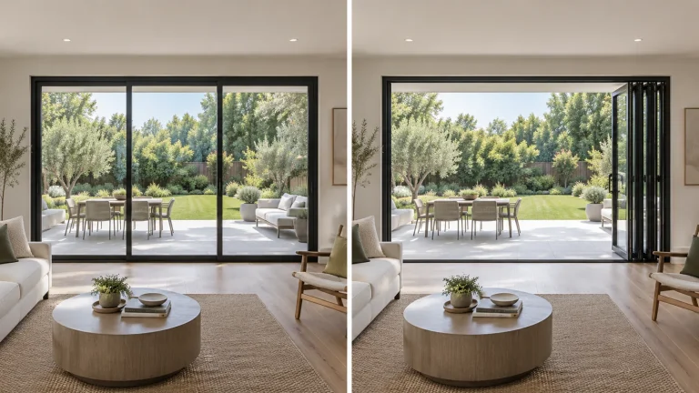 Side-by-side concept views of closed sliding patio doors and open folding doors facing a garden