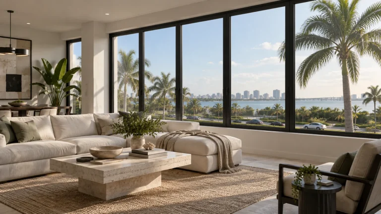Florida-style living room with closed aluminum windows facing a distant road