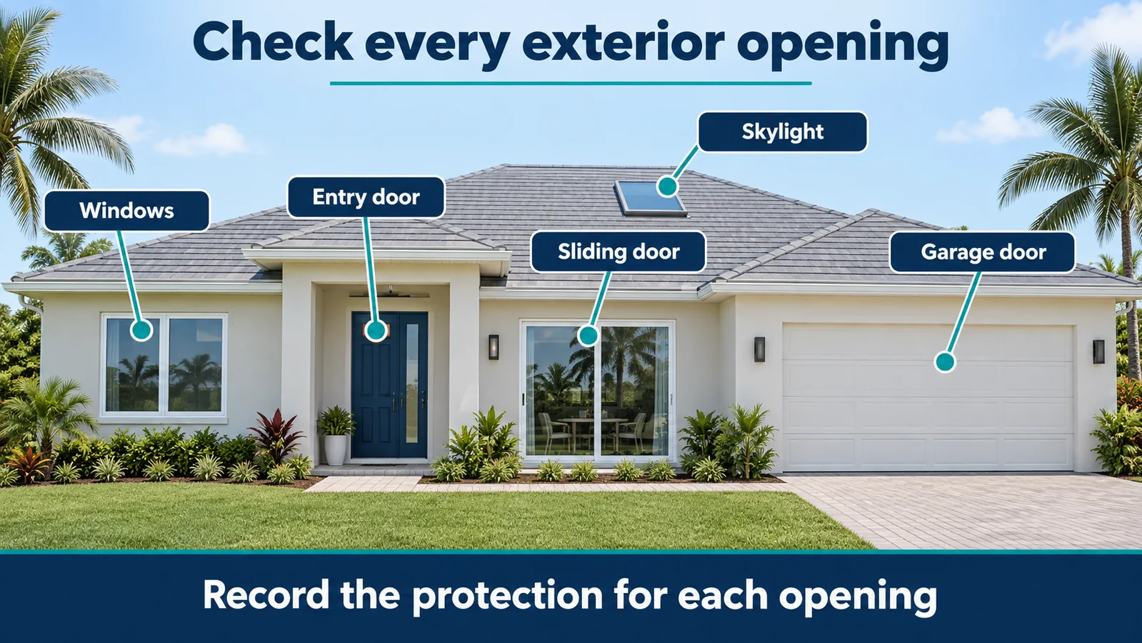 House diagram identifies windows, entry door, sliding door, skylight and garage door.