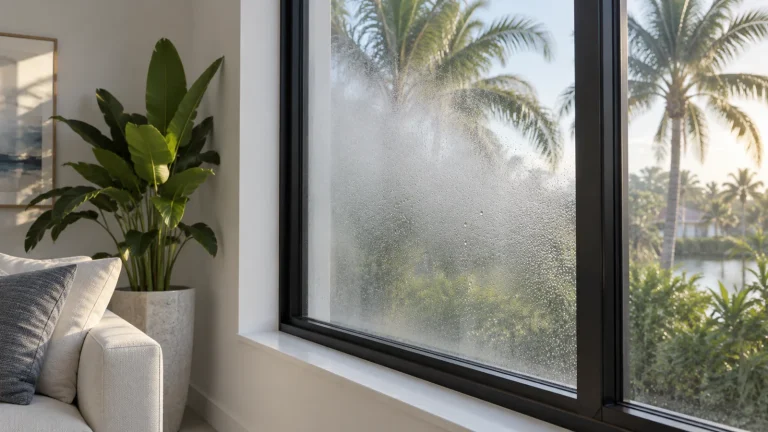 Mist and water droplets on a window overlooking a Florida-style garden