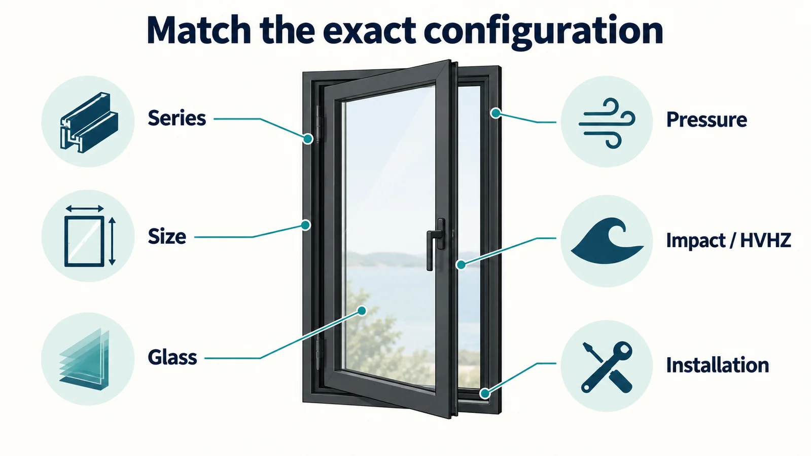 Window diagram with series, size, glass, pressure, impact and HVHZ, and installation checks.
