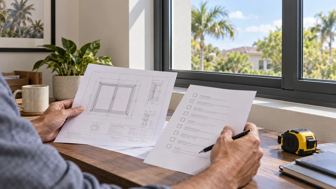 Person comparing a window drawing with a checklist beside an aluminum window