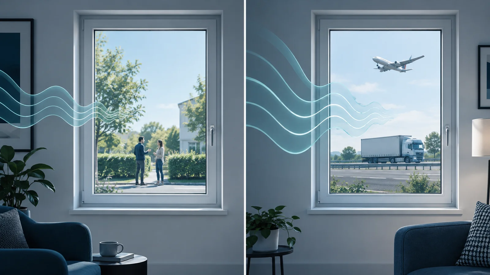 Illustration comparing conversation outside a window with truck and aircraft noise