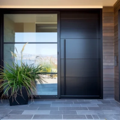 Modern black aluminum pivot entry door with frosted glass panels installed at contemporary home entrance